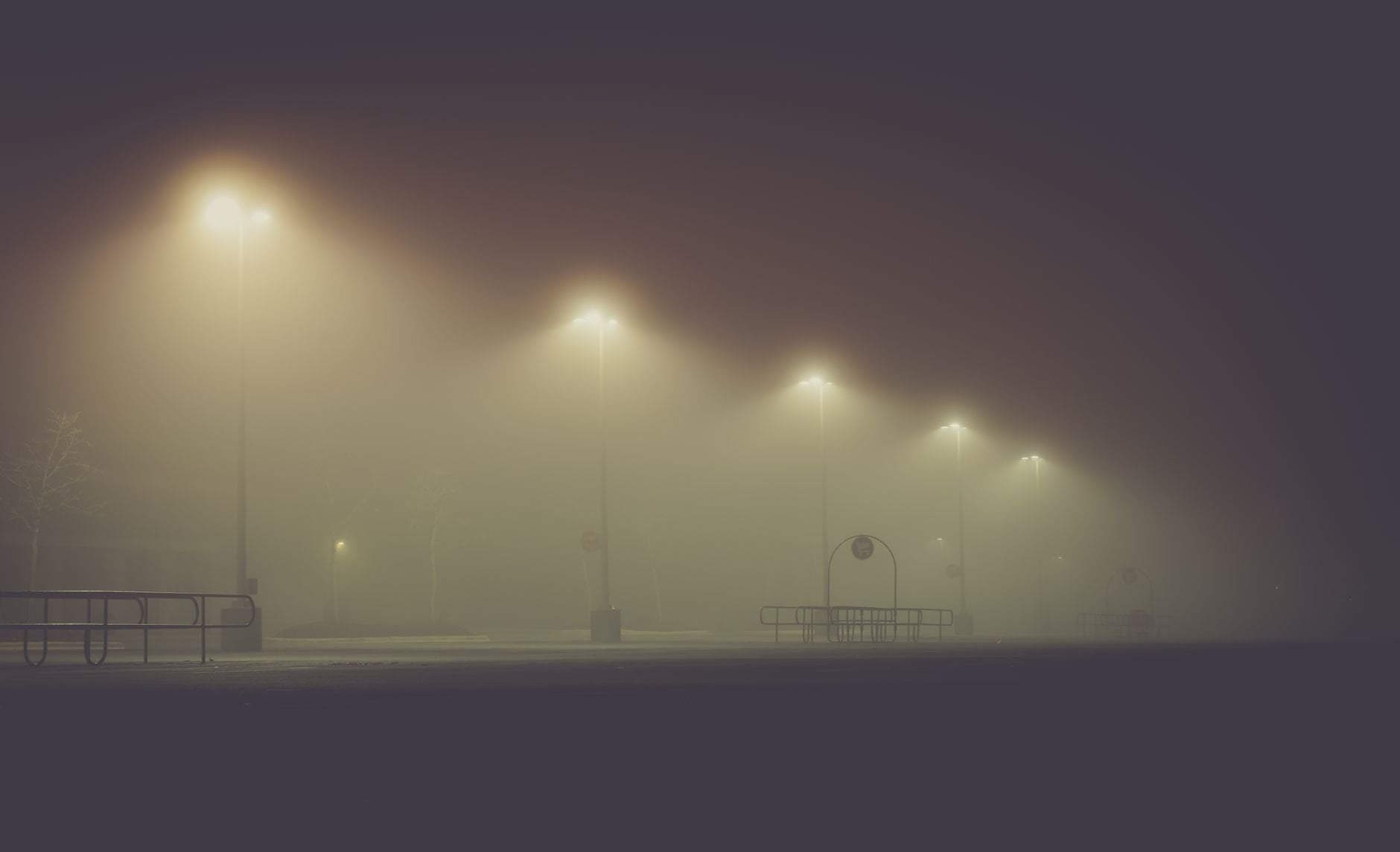 Foggy night street scene with glowing streetlights casting eerie light on a misty road.